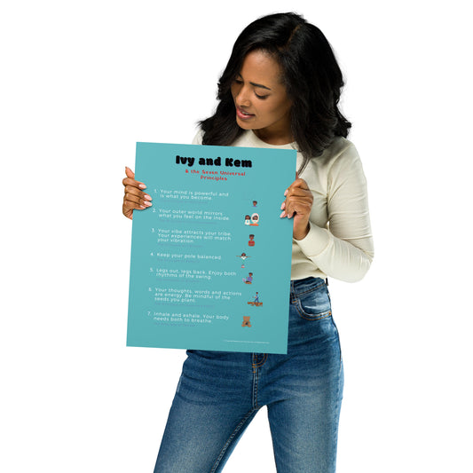 Woman holding Ivy and Kem 7 Lessons Poster against a white background