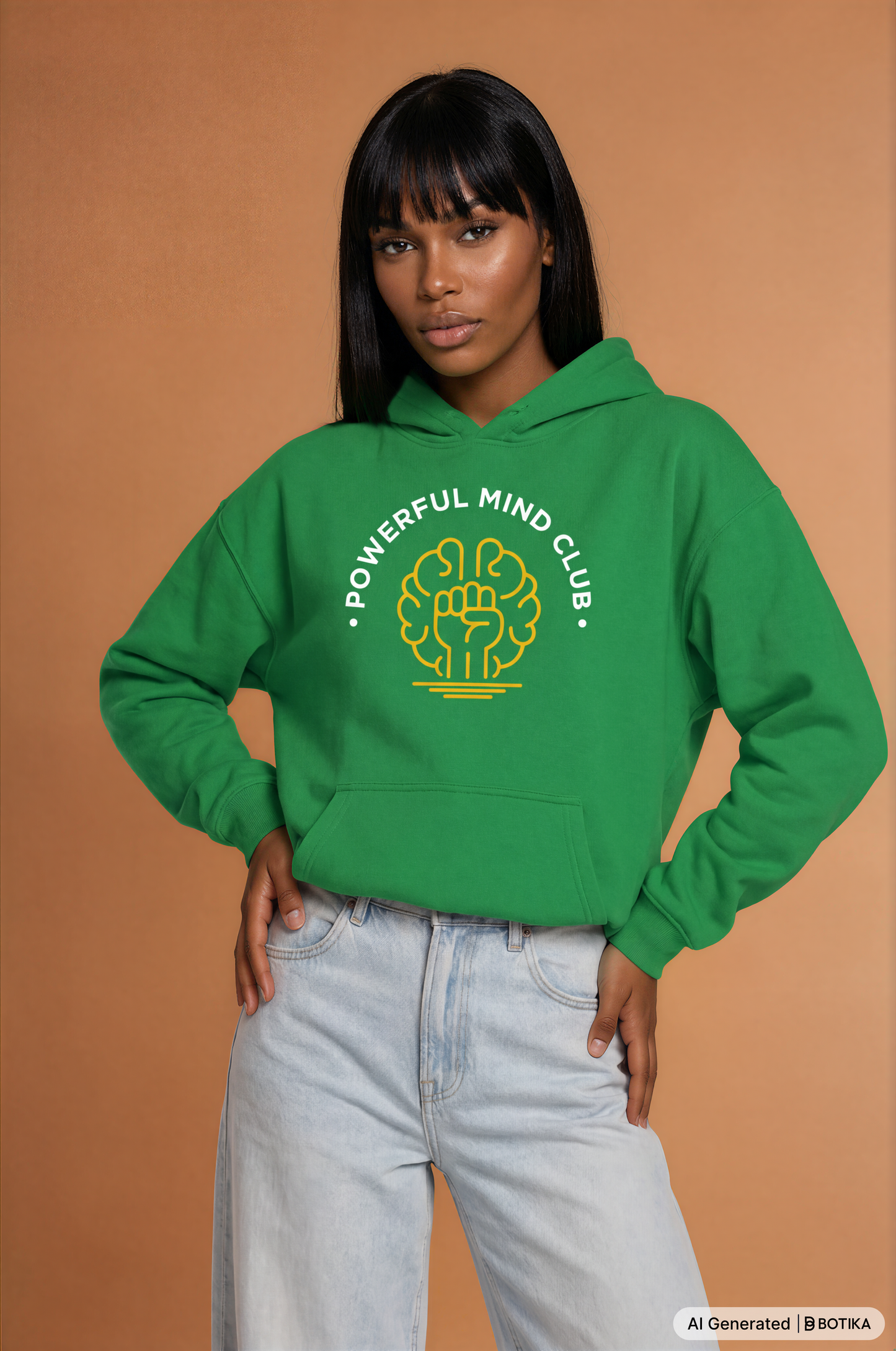 Woman wearing a kelly green Powerful Mind Club Brights hoodie, front view