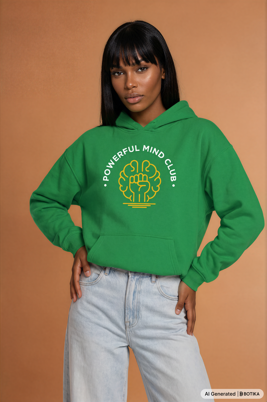 Woman wearing a kelly green Powerful Mind Club Brights hoodie, front view