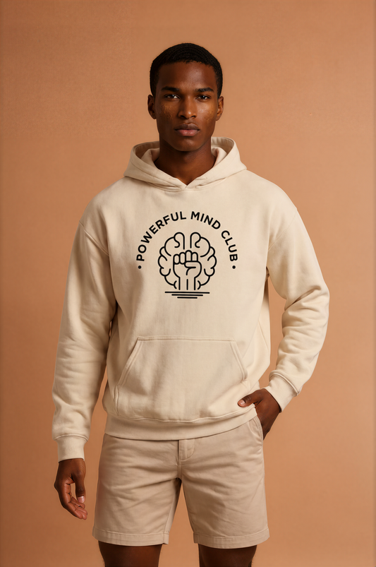 Man wearing a sand Powerful Mind Club Brights hoodie, front view