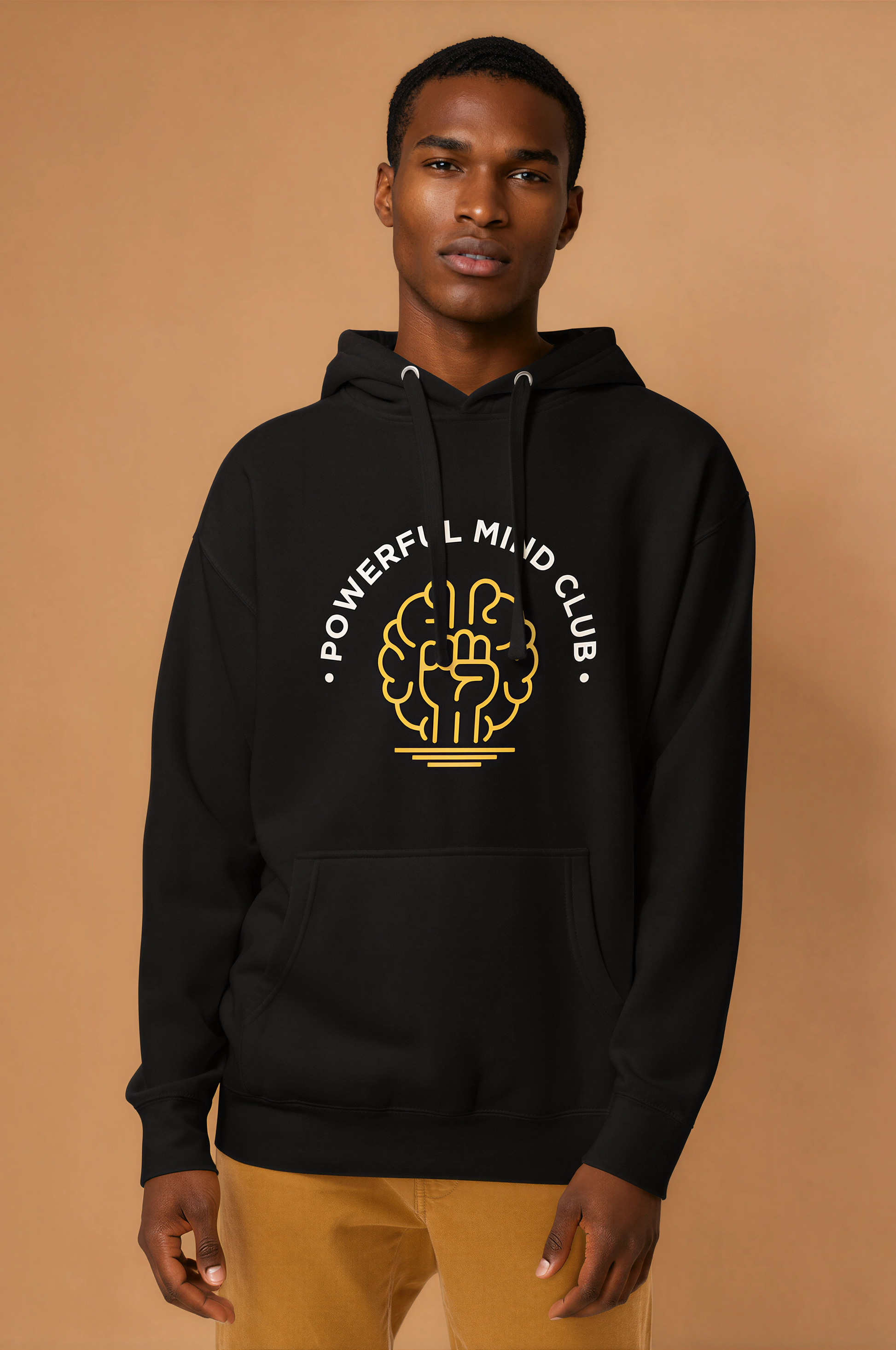 Man wearing a black Powerful Mind Club classic hoodie, front view