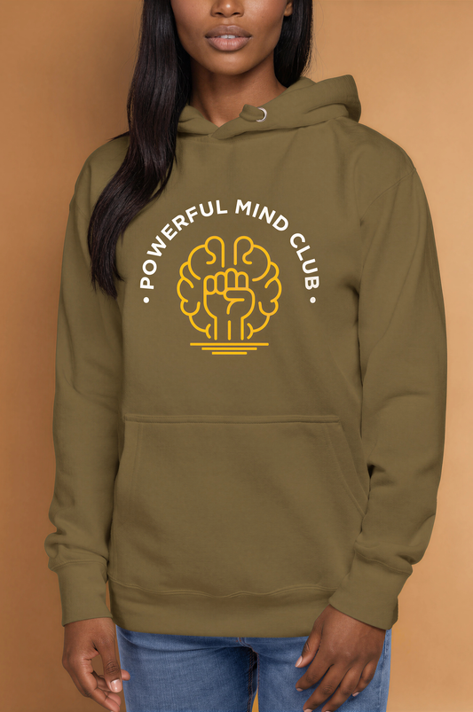 Woman wearing a military green Powerful Mind Club classic hoodie, front view