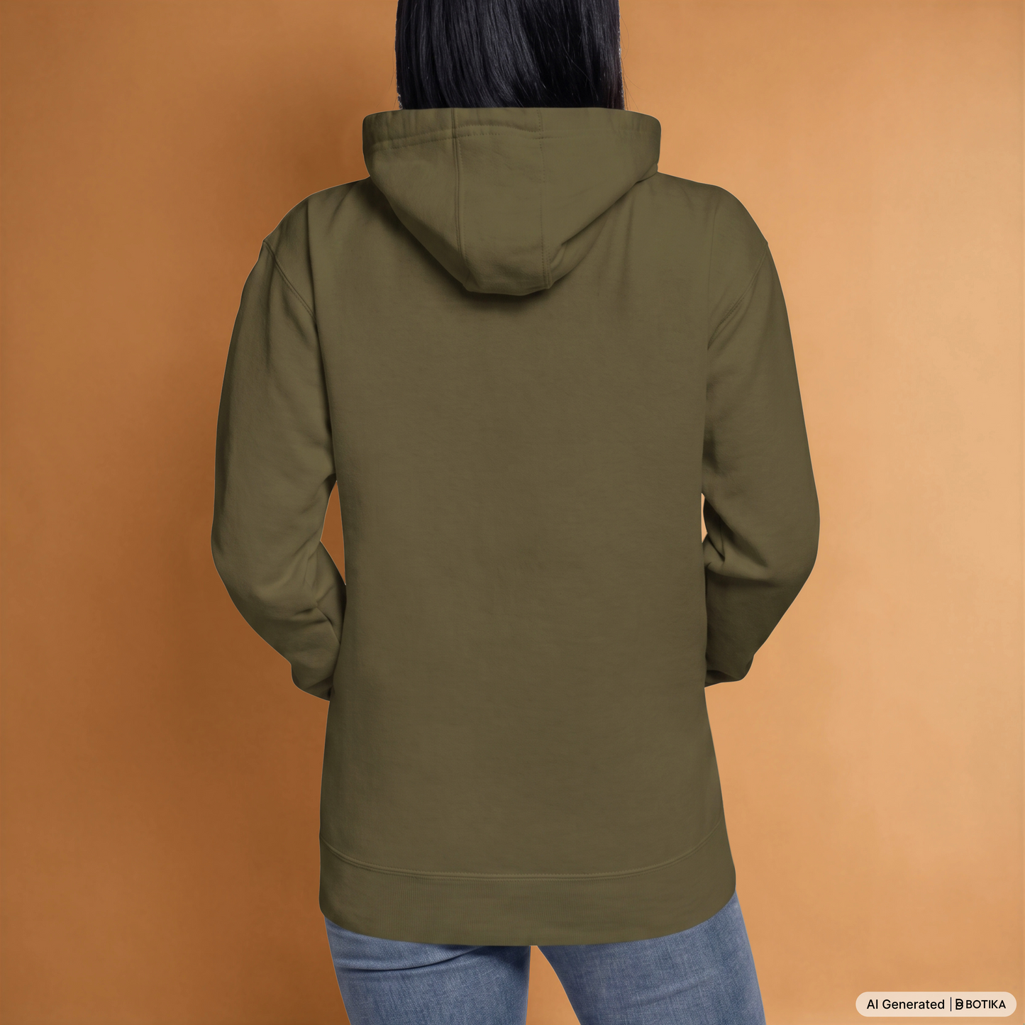 Woman wearing a military green Powerful Mind Club classic hoodie, back view