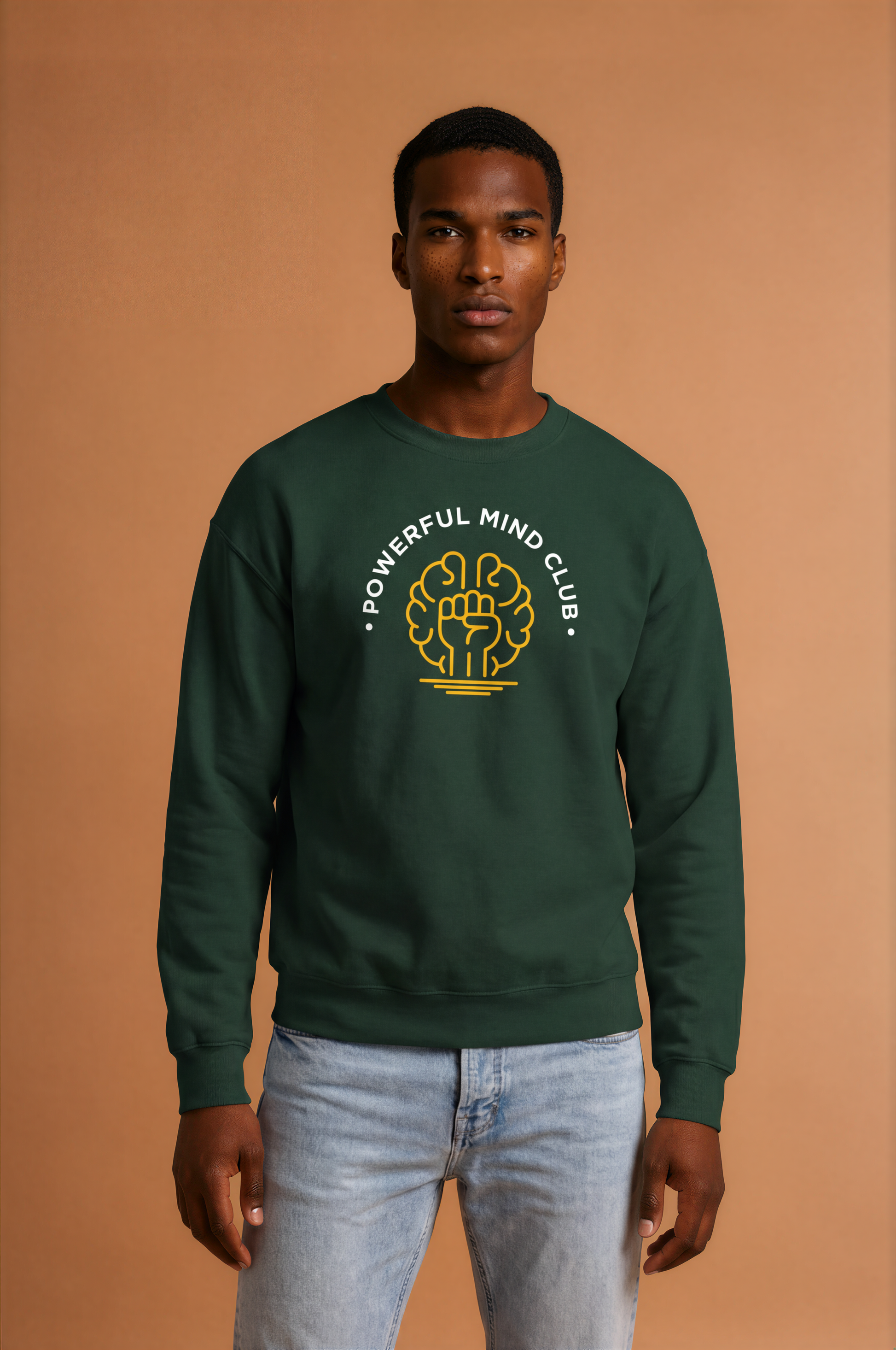 Man wearing a forest green Powerful Mind Club crewneck sweatshirt, front view