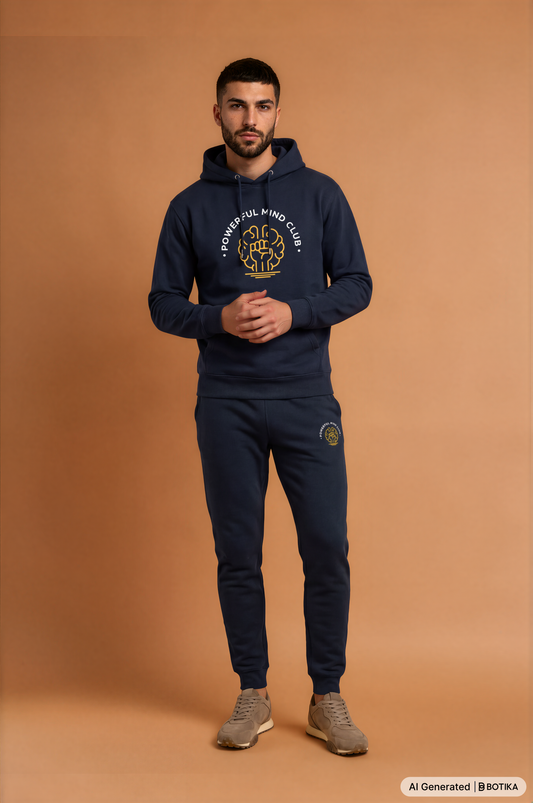 Man wearing navy blazer Powerful Mind Club joggers and classic hoodie