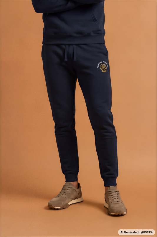 Man wearing navy blazer Powerful Mind Club joggers, front view
