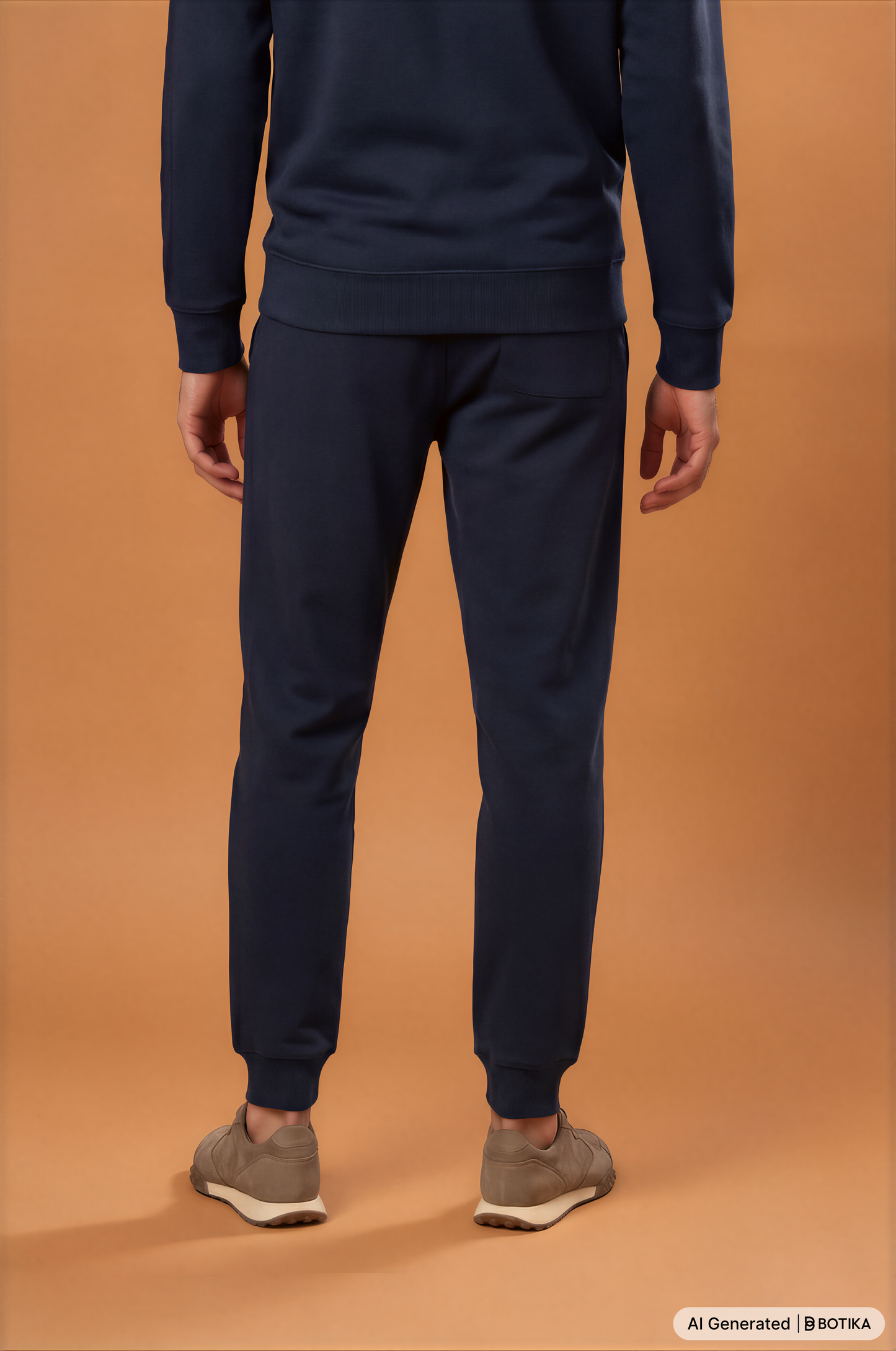 Man wearing navy blazer Powerful Mind Club joggers, back view