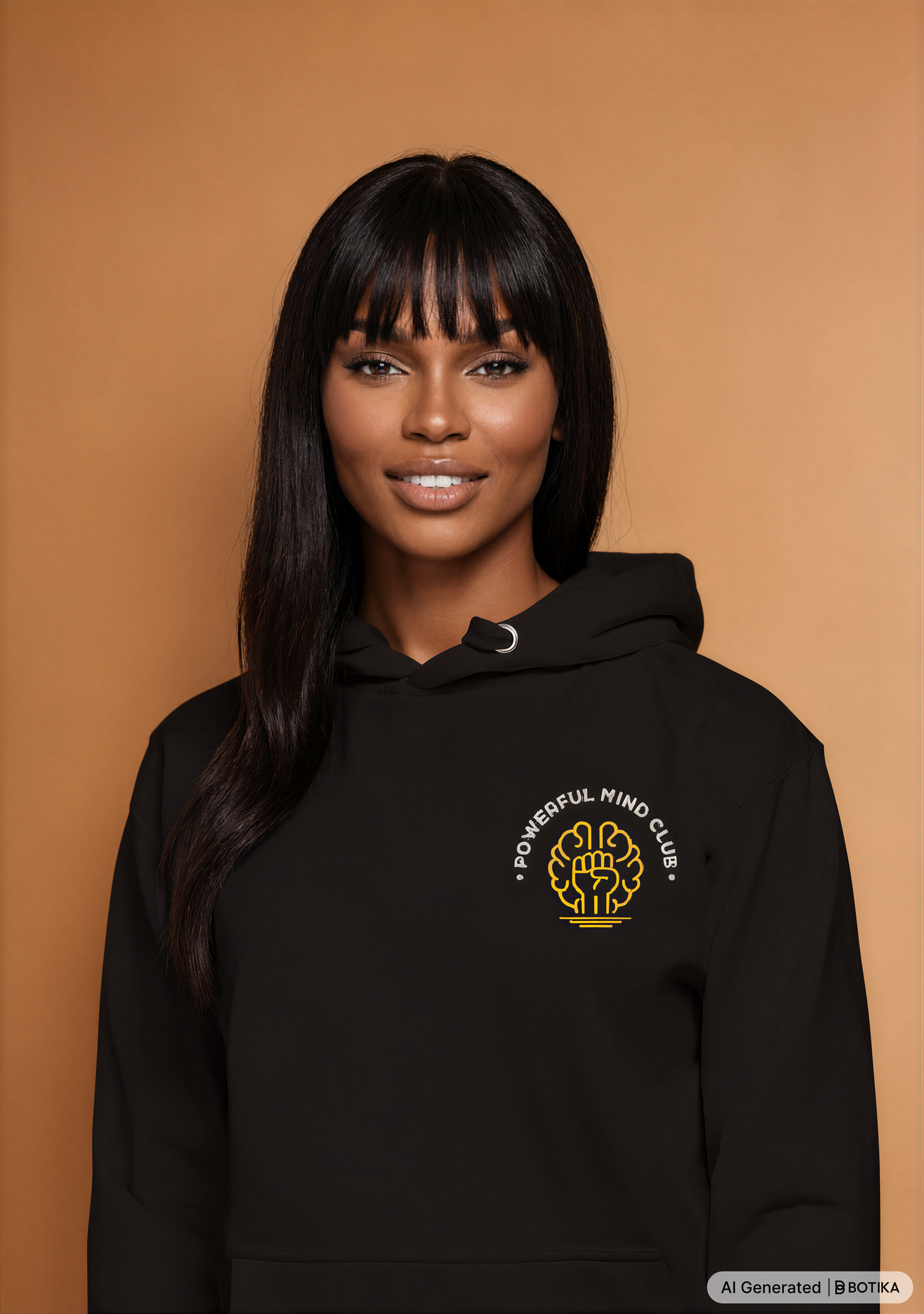 Woman wearing a black Powerful Mind Club signature logo hoodie, detail view