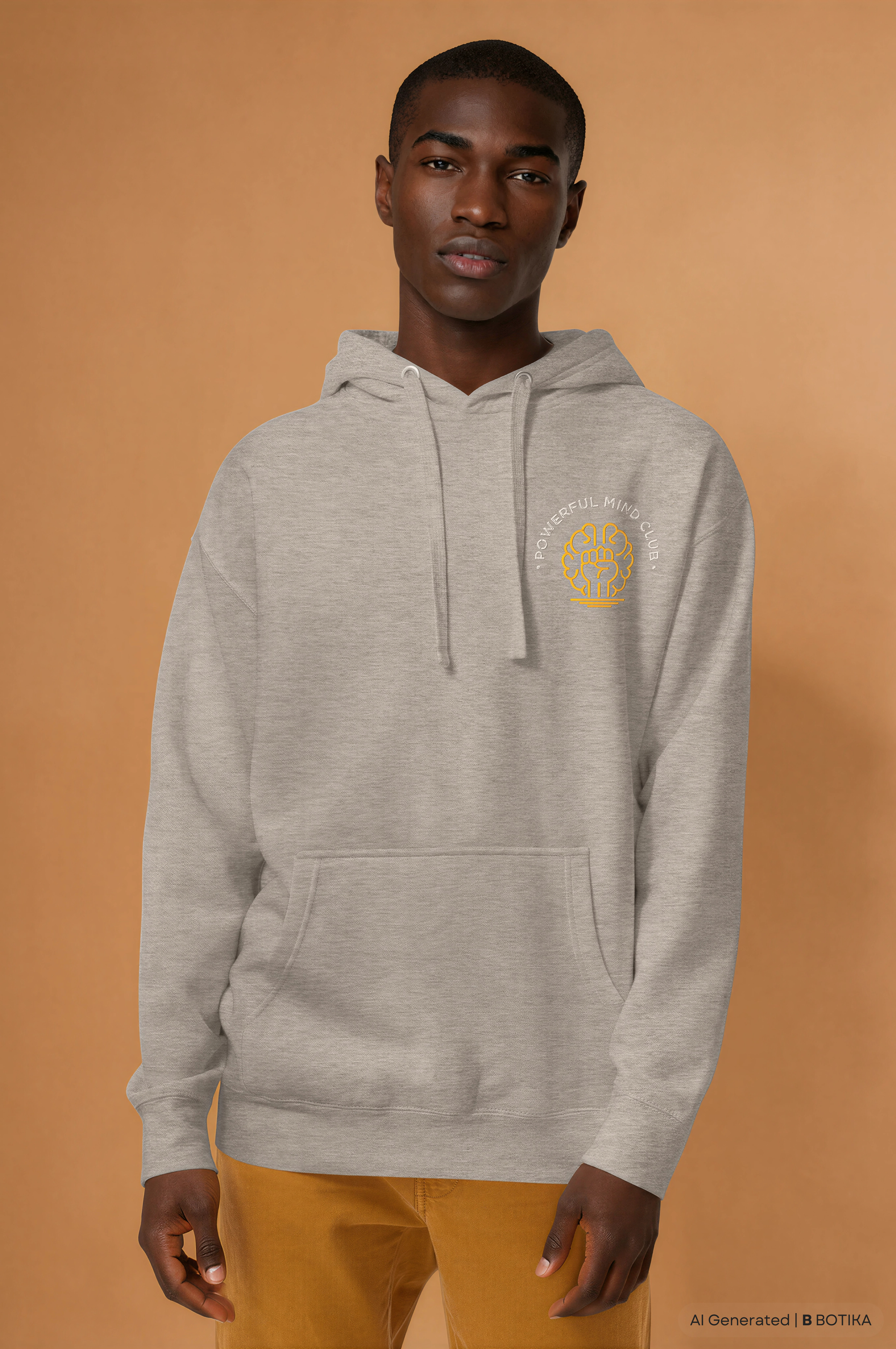 Man wearing a carbon grey Powerful Mind Club signature logo hoodie, front view