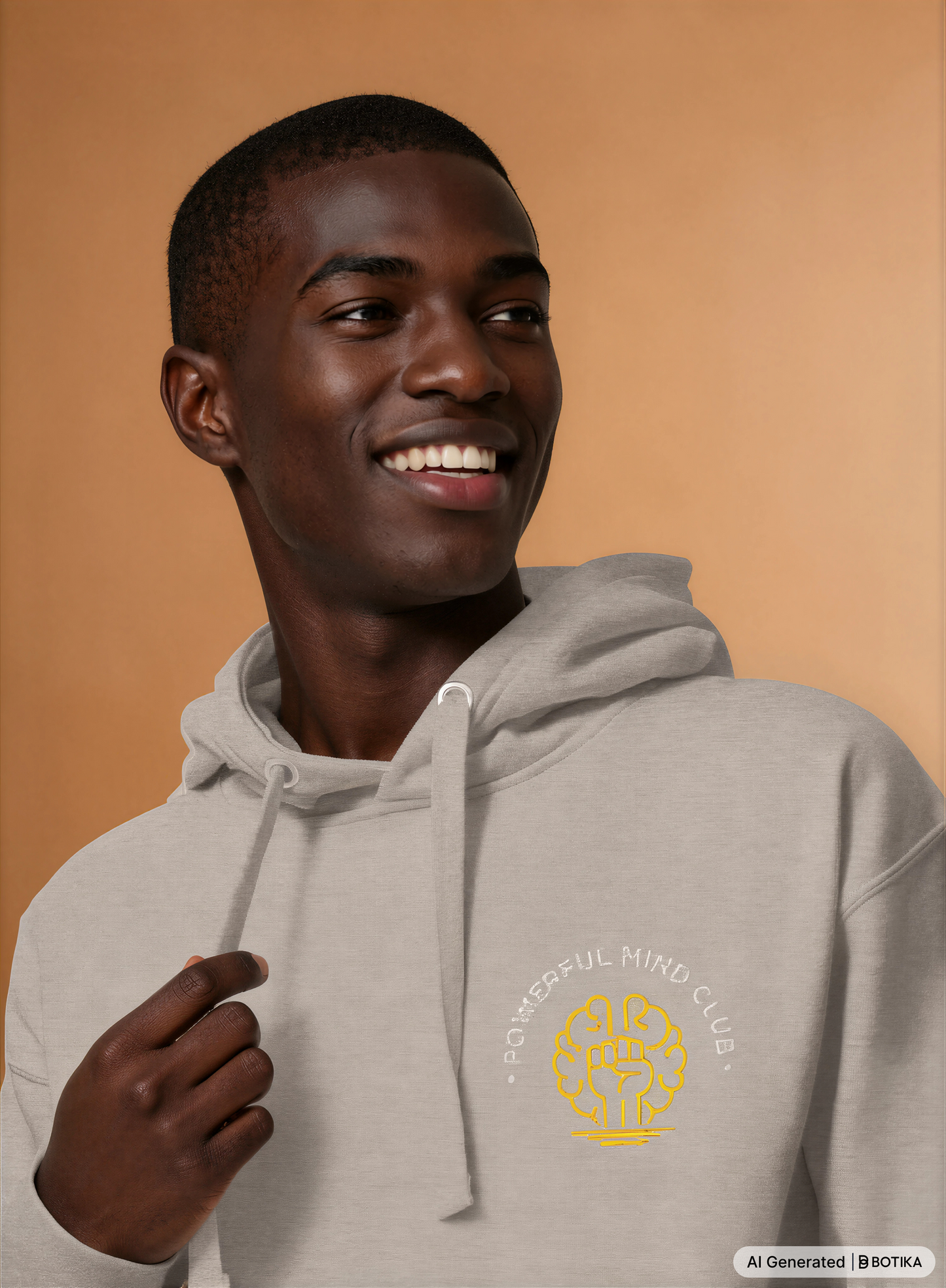 Man wearing a carbon grey Powerful Mind Club signature logo hoodie, detail view