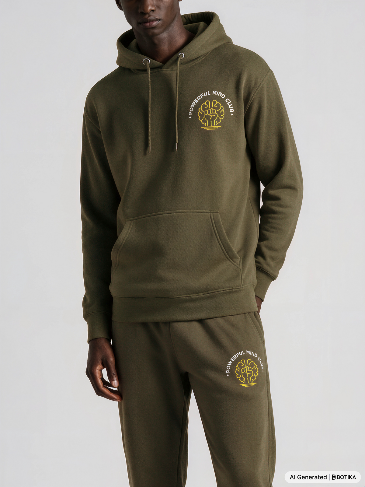 Man wearing a military green Powerful Mind Club Signature Set hoodie and joggers, logo front view