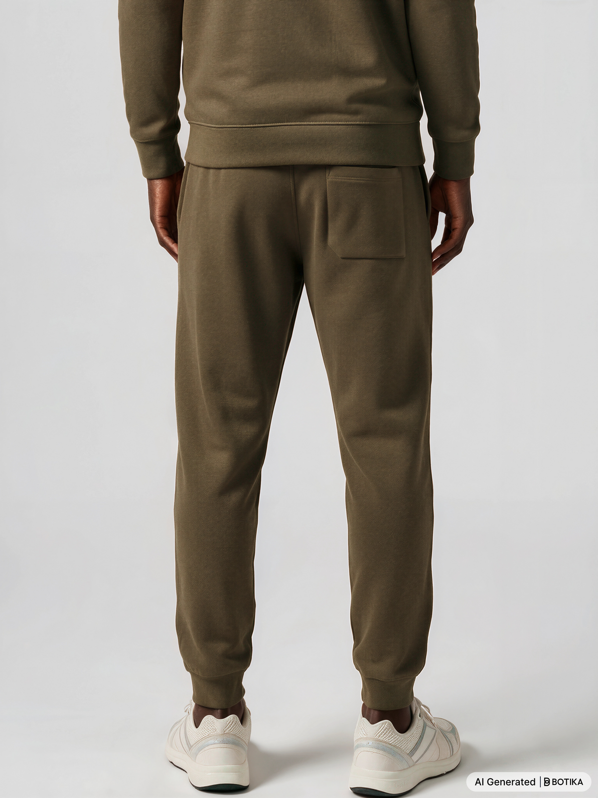 Man wearing a military green Powerful Mind Club Signature Set hoodie and joggers, close up back view