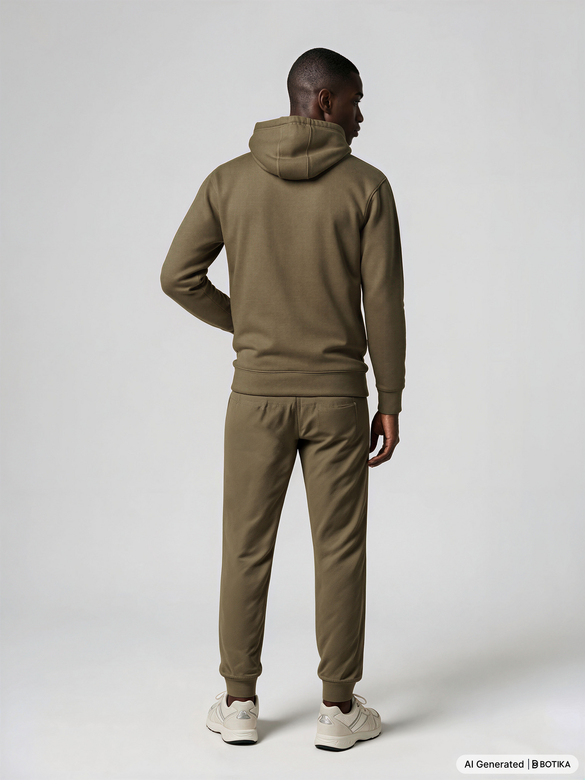 Man wearing a military green Powerful Mind Club Signature Set hoodie and joggers, back view