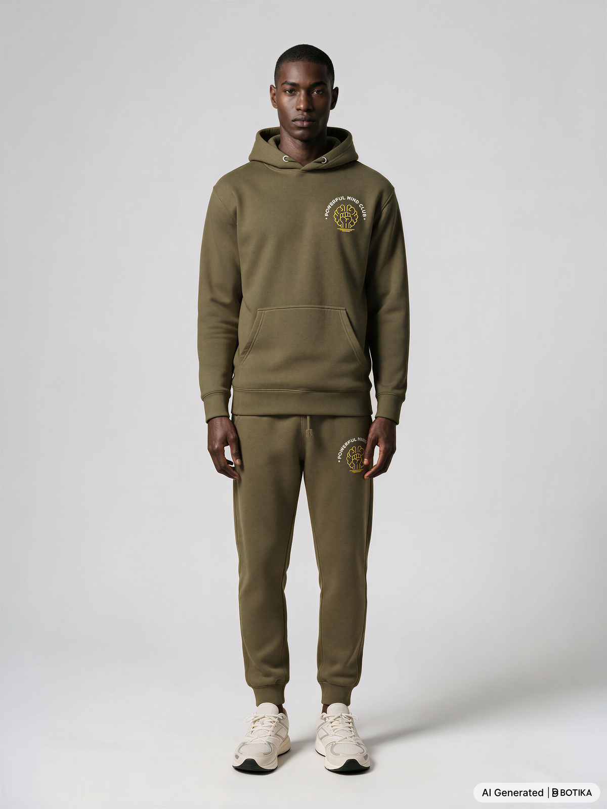 Man wearing a military green Powerful Mind Club Signature Set hoodie and joggers, front view
