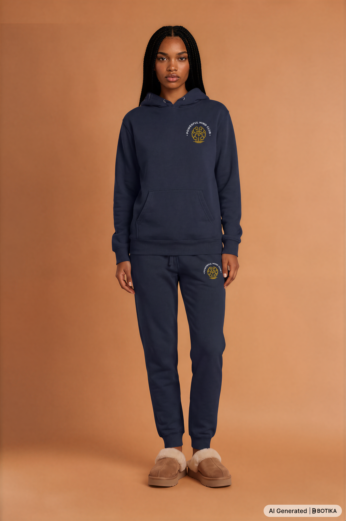 Woman wearing a navy blazer Powerful Mind Club Signature Set hoodie and joggers, front view