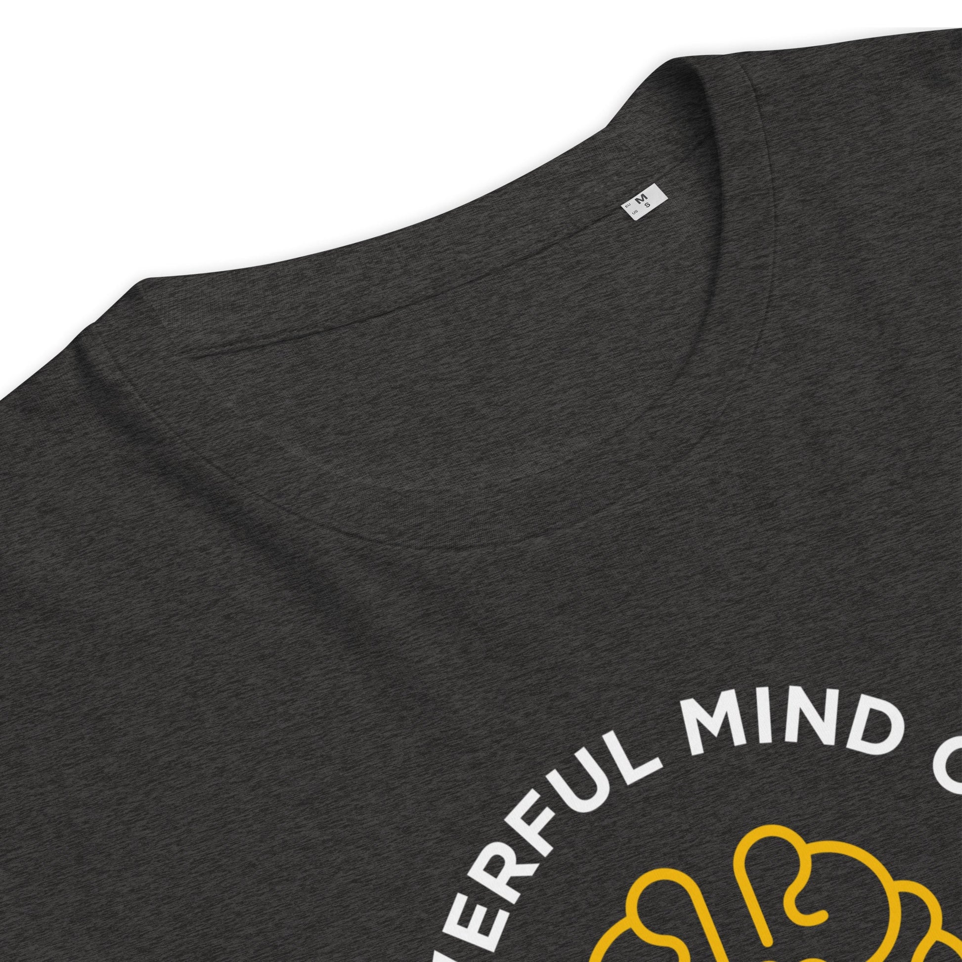Powerful Mind Club Unisex Organic T-shirt in Dark Heather Grey, collar view