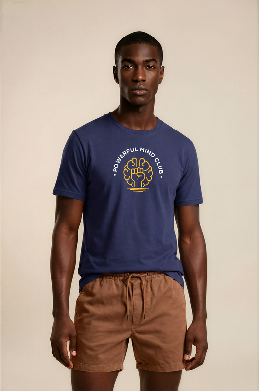 Man wearing a french navy blue Powerful Mind Club unisex organic t-shirt, front view
