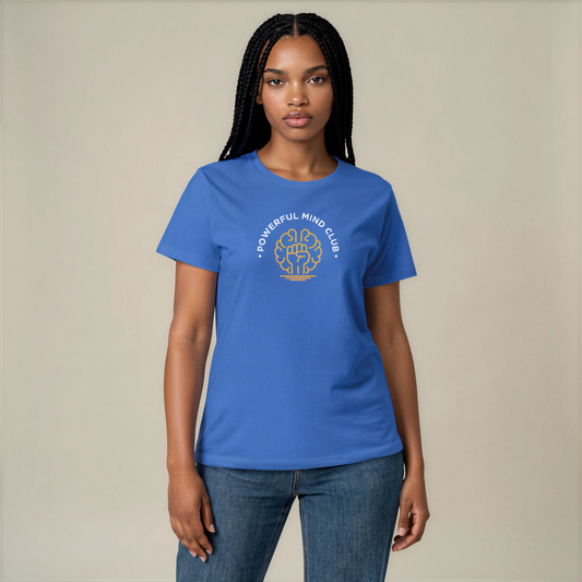 Woman wearing a pink Powerful Mind Club unisex organic t-shirt, front view