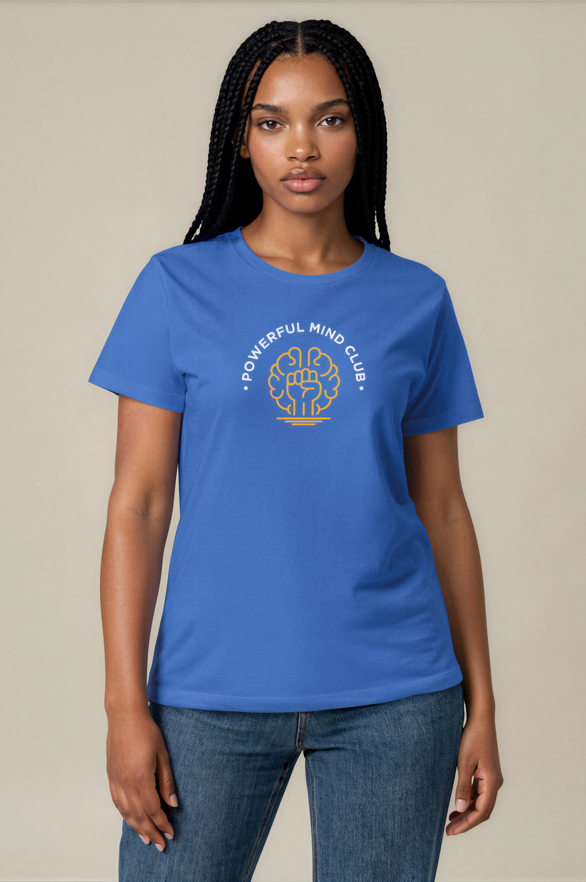 Woman wearing a pink Powerful Mind Club unisex organic t-shirt, front view