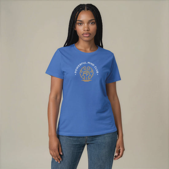 Woman wearing a royal blue Powerful Mind Club women's t-shirt, video