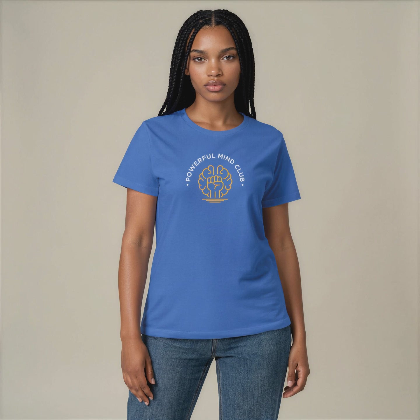 Woman wearing a royal blue Powerful Mind Club women's t-shirt, video