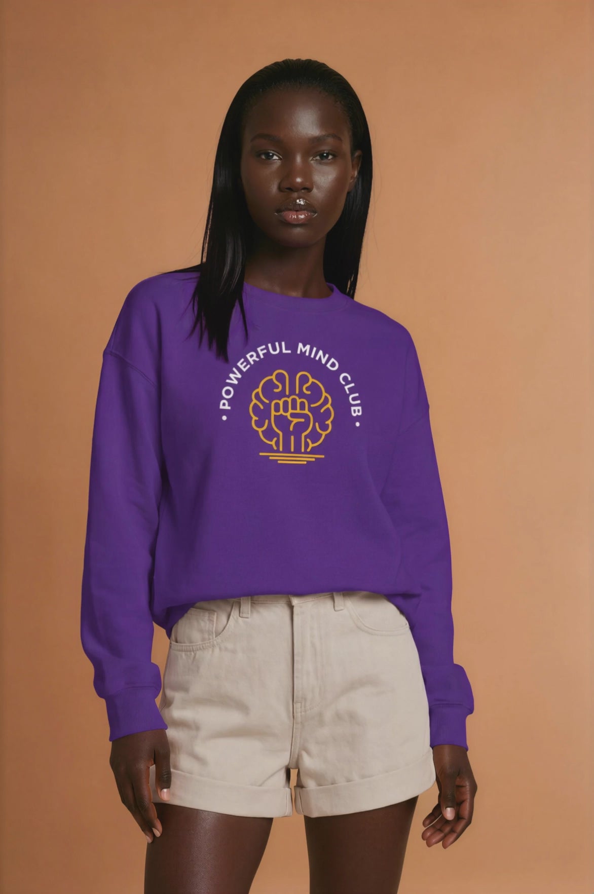 Woman wearing a purple Powerful Mind Club crewneck sweatshirt, video