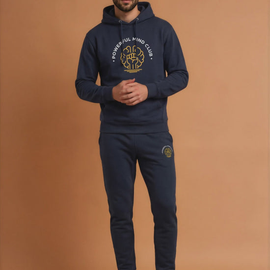 Man wearing navy blazer Powerful Mind Club joggers, video