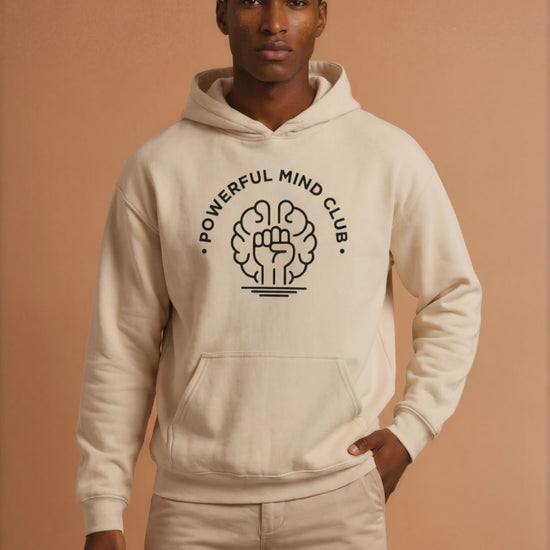 Man wearing a sand Powerful Mind Club Brights hoodie, video