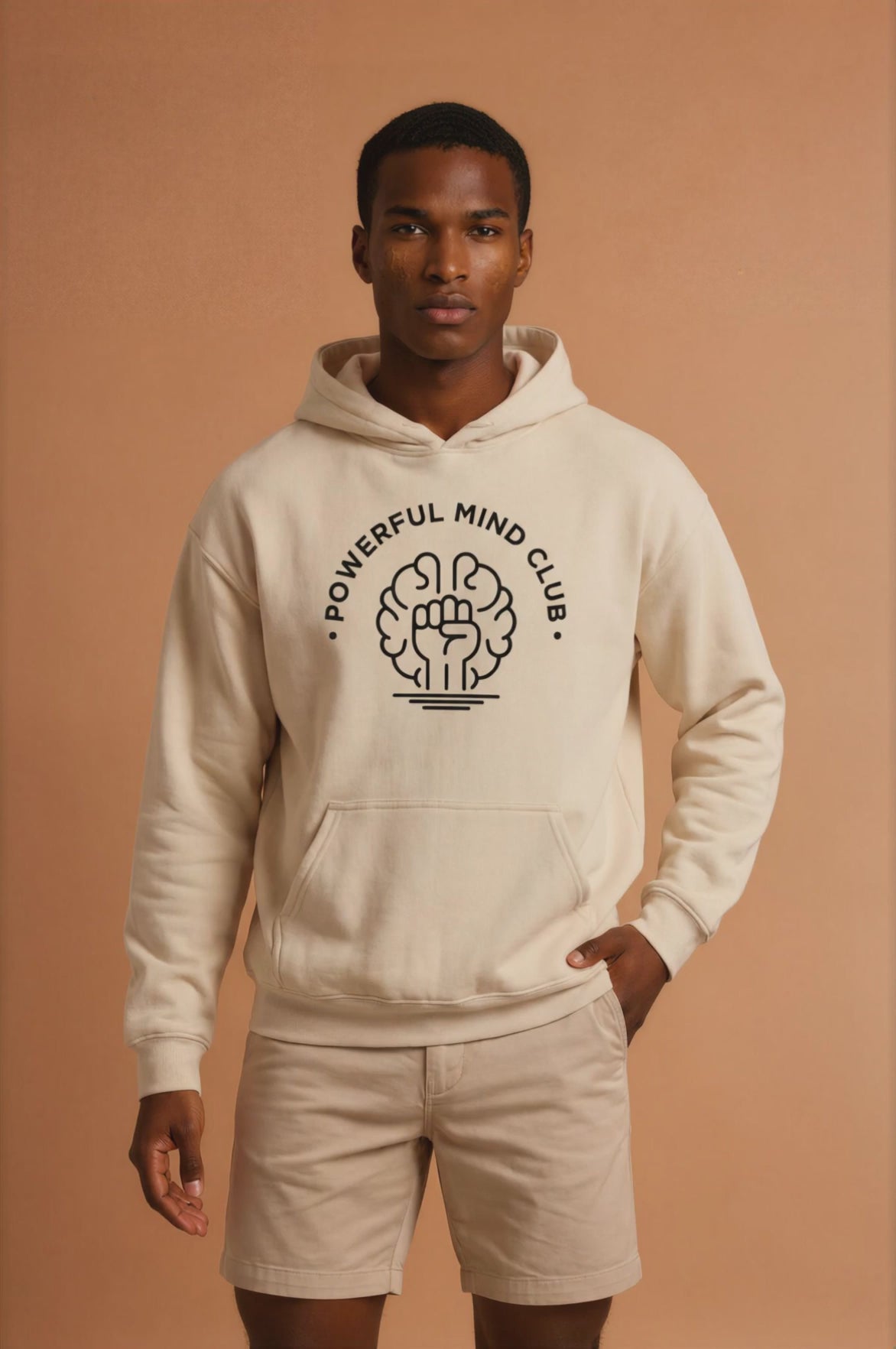 Man wearing a sand Powerful Mind Club Brights hoodie, video
