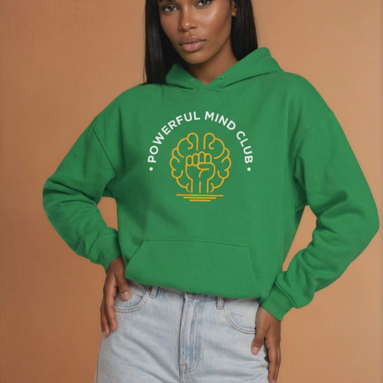 Woman wearing a kelly green Powerful Mind Club Brights hoodie, video