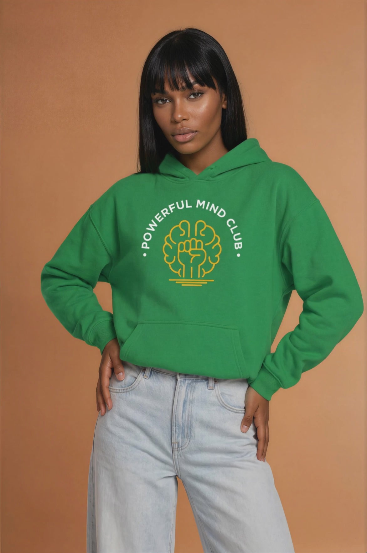 Woman wearing a kelly green Powerful Mind Club Brights hoodie, video