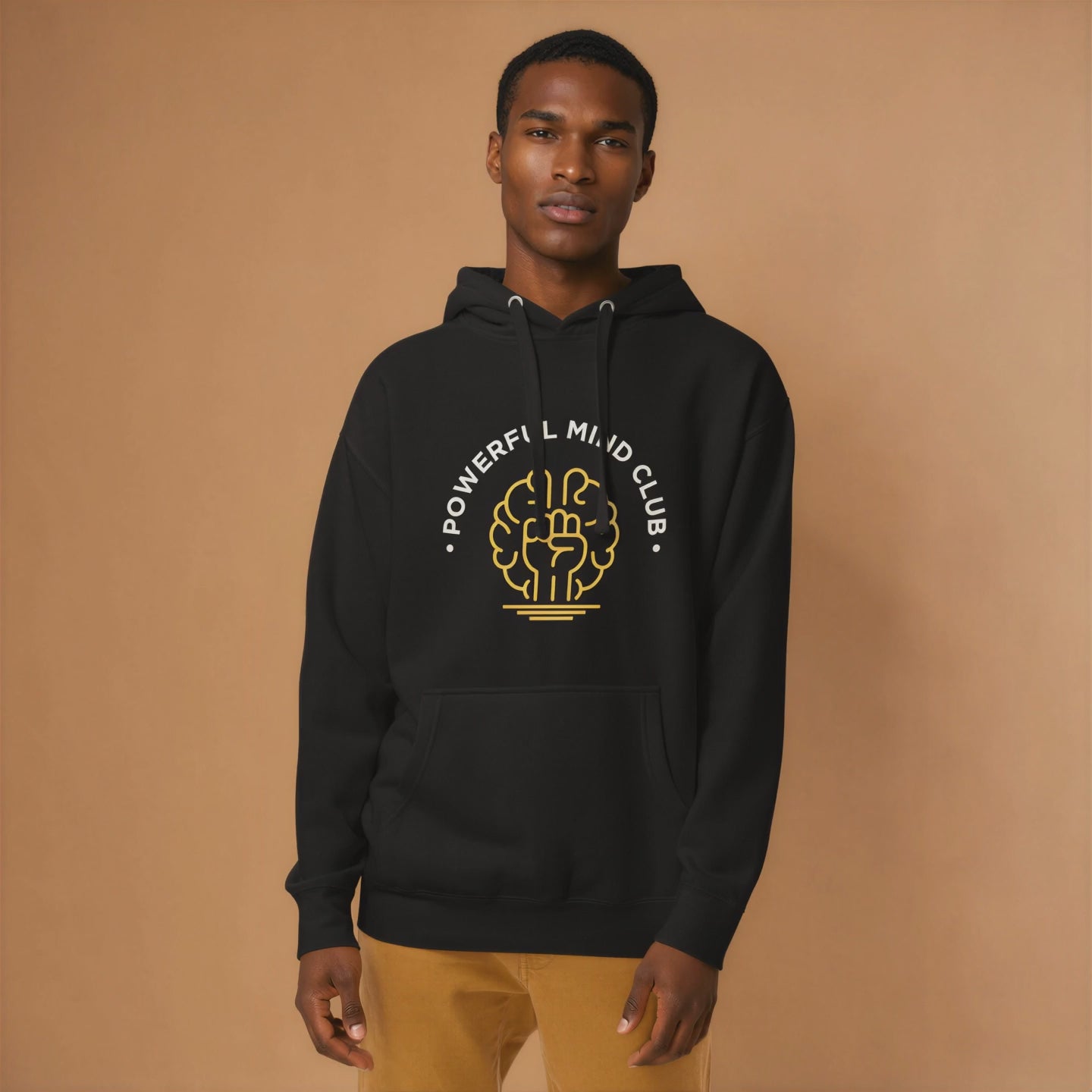 Man wearing a black Powerful Mind Club classic hoodie, video