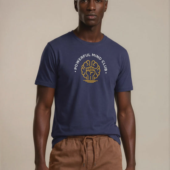 Video of man wearing a French Navy blue Powerful Mind Club unisex organic t-shirt.