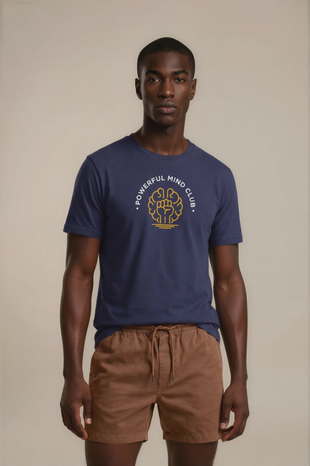 Video of man wearing a French Navy blue Powerful Mind Club unisex organic t-shirt.
