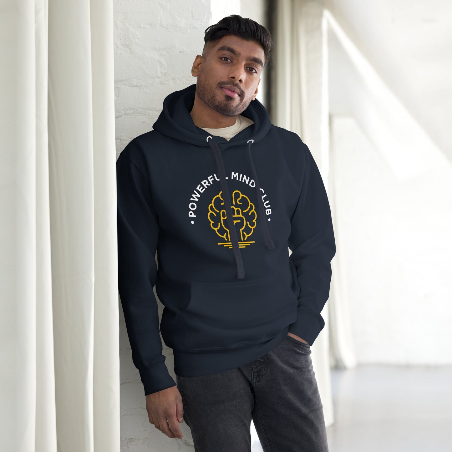 Man wearing Powerful Mind Club classic hoodie in Navy Blazer blue
