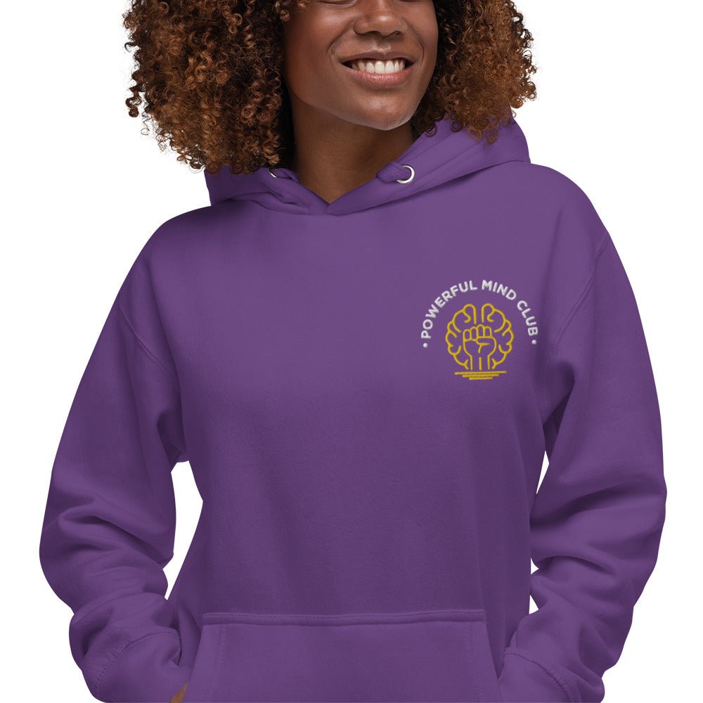 Woman wearing Purple Powerful Mind Club signature logo hoodie